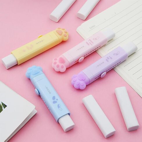 4 Pcs Cat Paw Shaped Retractable Erasers, Cat Erasers for Kids, Push-Pull Rubber Eraser with 4 Pcs Eraser Refills for Students Writing Office School Stationery in Kuwait