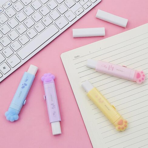 4 Pcs Cat Paw Shaped Retractable Erasers, Cat Erasers for Kids, Push-Pull Rubber Eraser with 4 Pcs Eraser Refills for Students Writing Office School Stationery in Kuwait