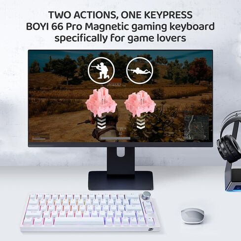 لوحة مفاتيح ميكانيكية بمفتاح مغناطيسي سريع التشغيل BOYI 66Pro، نقطة تشغيل فائقة السرعة بنسبة 65% قابلة للتعديل مخصصة بمعدل اقتراع 8 كيلو هرتز HotSwap RGB لوحة مفاتيح سلكية للألعاب مع مقبض (أبيض) in Kuwait