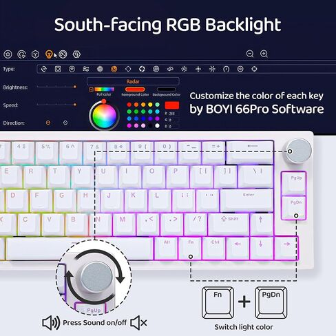 لوحة مفاتيح ميكانيكية بمفتاح مغناطيسي سريع التشغيل BOYI 66Pro، نقطة تشغيل فائقة السرعة بنسبة 65% قابلة للتعديل مخصصة بمعدل اقتراع 8 كيلو هرتز HotSwap RGB لوحة مفاتيح سلكية للألعاب مع مقبض (أبيض) in Kuwait