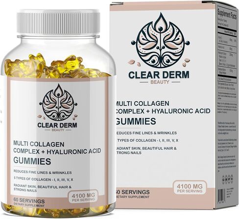 ClearDerm متعدد أنواع ببتيدات الكولاجين 1،2،3،5،10 + بحري مع حمض الهيالورونيك وفيتامين C - الشعر والأظافر والبشرة - ببتيدات الكولاجين للنساء - نمو الشعر وبشرة أكثر صحة - 60 قرص مضغ برتقالي in Kuwait
