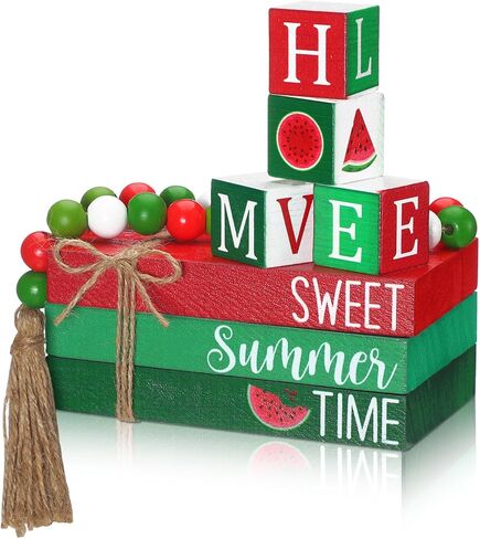 Yousoontic 8 Pcs Summer Tiered Tray Decor Farmhouse Watermelon Table Decorations with Beads Garland Wooden Summer Tiered Tray Decorations Set Stacked Coffee Table Books Decor for Room Living Shelf in Saudi Arabia