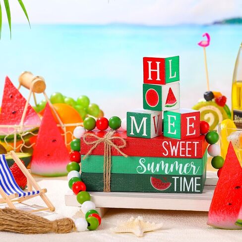 Yousoontic 8 Pcs Summer Tiered Tray Decor Farmhouse Watermelon Table Decorations with Beads Garland Wooden Summer Tiered Tray Decorations Set Stacked Coffee Table Books Decor for Room Living Shelf in Saudi Arabia