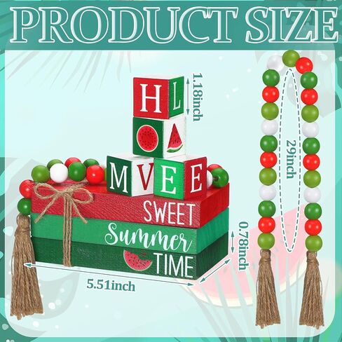 Yousoontic 8 Pcs Summer Tiered Tray Decor Farmhouse Watermelon Table Decorations with Beads Garland Wooden Summer Tiered Tray Decorations Set Stacked Coffee Table Books Decor for Room Living Shelf in Saudi Arabia