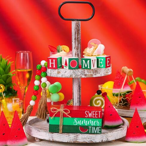 Yousoontic 8 Pcs Summer Tiered Tray Decor Farmhouse Watermelon Table Decorations with Beads Garland Wooden Summer Tiered Tray Decorations Set Stacked Coffee Table Books Decor for Room Living Shelf in Saudi Arabia