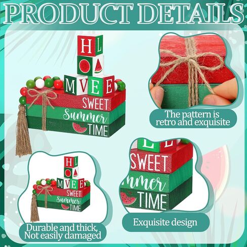 Yousoontic 8 Pcs Summer Tiered Tray Decor Farmhouse Watermelon Table Decorations with Beads Garland Wooden Summer Tiered Tray Decorations Set Stacked Coffee Table Books Decor for Room Living Shelf in Saudi Arabia