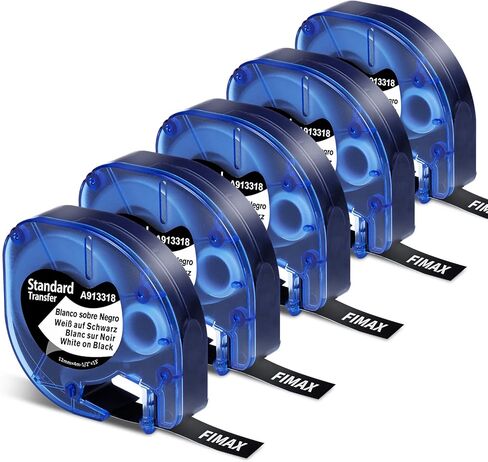 Fimax 5 عبوات بديلة من Dymo Letratag عبوات بيضاء على بلاستيك أسود 1/2" x 13' 1805436 متوافقة مع صانع ملصقات Dymo Letratag عبوات LT لشريط الملصقات 200B Plus LT100H LT100T QX50، 12 مم × 4 م in Kuwait