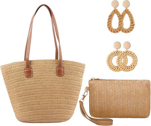 حقيبة شاطئ كبيرة من القش للنساء، حقيبة يد منسوجة من القش للنساء، حقيبة كتف كروس منسوجة يدويًا، حقيبة يد للعطلات، محفظة من القش، أقراط الشاطئ، مجموعة حقائب سفر لمتجر السباحة في الصيف in Kuwait