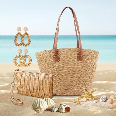 حقيبة شاطئ كبيرة من القش للنساء، حقيبة يد منسوجة من القش للنساء، حقيبة كتف كروس منسوجة يدويًا، حقيبة يد للعطلات، محفظة من القش، أقراط الشاطئ، مجموعة حقائب سفر لمتجر السباحة في الصيف in Kuwait