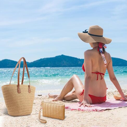حقيبة شاطئ كبيرة من القش للنساء، حقيبة يد منسوجة من القش للنساء، حقيبة كتف كروس منسوجة يدويًا، حقيبة يد للعطلات، محفظة من القش، أقراط الشاطئ، مجموعة حقائب سفر لمتجر السباحة في الصيف in Kuwait