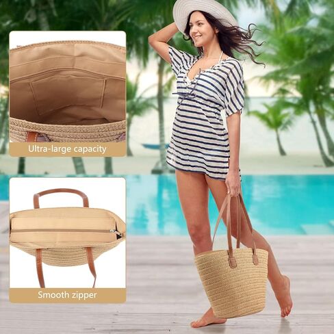 حقيبة شاطئ كبيرة من القش للنساء، حقيبة يد منسوجة من القش للنساء، حقيبة كتف كروس منسوجة يدويًا، حقيبة يد للعطلات، محفظة من القش، أقراط الشاطئ، مجموعة حقائب سفر لمتجر السباحة في الصيف in Kuwait