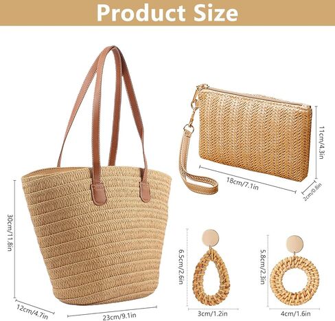 حقيبة شاطئ كبيرة من القش للنساء، حقيبة يد منسوجة من القش للنساء، حقيبة كتف كروس منسوجة يدويًا، حقيبة يد للعطلات، محفظة من القش، أقراط الشاطئ، مجموعة حقائب سفر لمتجر السباحة في الصيف in Kuwait