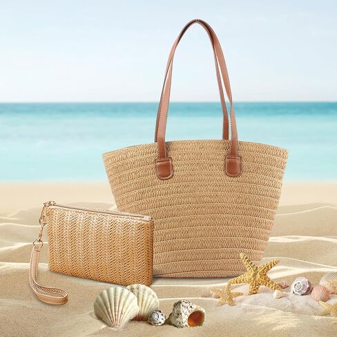 حقيبة شاطئ كبيرة من القش للنساء، حقيبة يد منسوجة من القش للنساء، حقيبة كتف كروس منسوجة يدويًا، حقيبة يد للعطلات، محفظة من القش، أقراط الشاطئ، مجموعة حقائب سفر لمتجر السباحة في الصيف in Kuwait