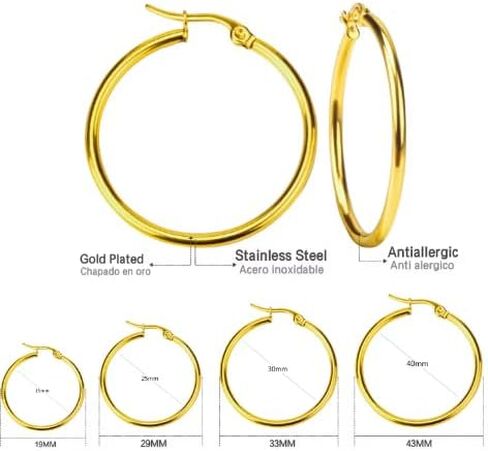 Hoop Earrings Set 30mm/40mm/50mm/60mm/70mm Gold/Silver/Rose Gold Hypoallergenic, Lightweight, 316L Stainless Steel, 18K Gold Plated in Saudi Arabia