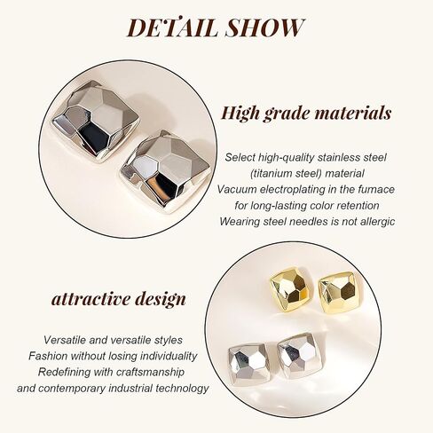 Chunky Gold Rectangle Stud Earrings for Women, Dainty Thick Stud Earrings, Minimalist Geometric Earrings for Women Girls,18K Real Gold Plated Hypoallergenic Lightweight Earrings in Saudi Arabia