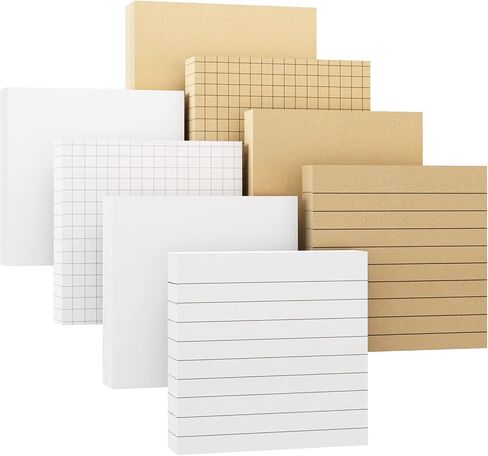 EOOUT Lined Sticky Notes, 3x3 Inches, 8 Pack White and Kraft Self-Stick Pads, Multiple Design Super Sticking Power Memo Pads for Notebook Home School Office Supplies, 85 Sheets/pad in Saudi Arabia