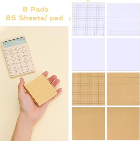 EOOUT Lined Sticky Notes, 3x3 Inches, 8 Pack White and Kraft Self-Stick Pads, Multiple Design Super Sticking Power Memo Pads for Notebook Home School Office Supplies, 85 Sheets/pad in Saudi Arabia