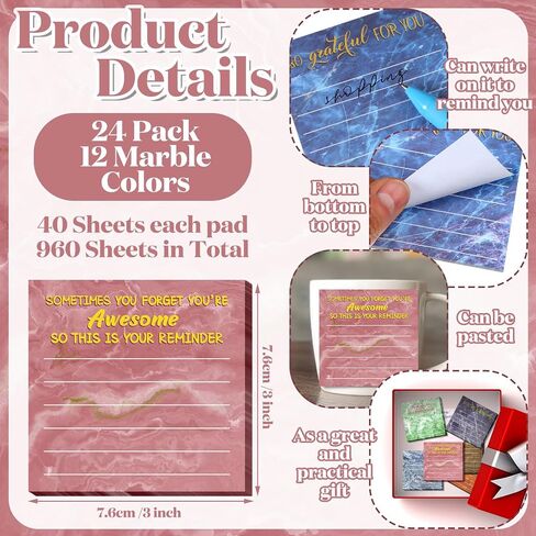 Yinder 24 Pcs Employee Appreciation Sticky Notes Thank You Gifts Bulk End of Year Teacher Gift Mini Pocket Inspirational Notepads for Coworker Graduation School Office Supply 3 x 3''(Marble) in Saudi Arabia