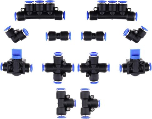 إنشاء فكرة 12 قطعة دفع هوائي لتوصيل التركيبات مجموعة وصلات الأنابيب ID 8 مللي متر OD 5/16 بوصة أنبوب متقاطع الكوع تي مستقيم صمامات يدوية متعددة احترافية in Kuwait