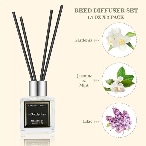 NEVAEHEART Diffuser Set, Gardenia/Jasmine & Mint/Lilac Diffuser Gifts for Women,1.7OZ x 3 Packs Diffuser with Sticks,Home Fragrance Diffuser for Living Room,Office & Bathroom Shelf Decor in Saudi Arabia