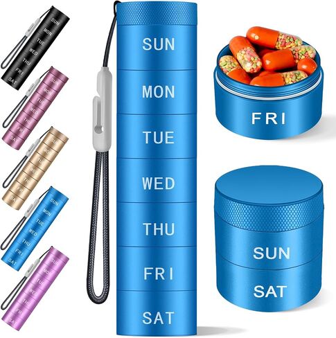 Aluminium Travel Pill Organizer,Weekly Metal Pill Case,Pill Holder, Moisture Proof Waterproof Daily Pill Box 7 Day, Large Pill Container to Hold Vitamins,Medication,Supplements 【Blue】 in Saudi Arabia