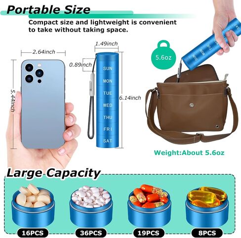 Aluminium Travel Pill Organizer,Weekly Metal Pill Case,Pill Holder, Moisture Proof Waterproof Daily Pill Box 7 Day, Large Pill Container to Hold Vitamins,Medication,Supplements 【Blue】 in Saudi Arabia