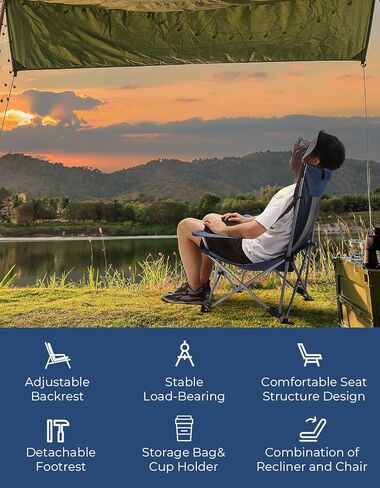 كرسي التخييم DEERFAMY مع مسند للقدمين، سعة وزن تصل إلى 260 رطلاً، 600D أكسفورد مستلق أرجل كرسي التخييم قابلة للطي مع مسند الرأس وحاملي الأكواب وحقيبة تخزين خارجية in Kuwait