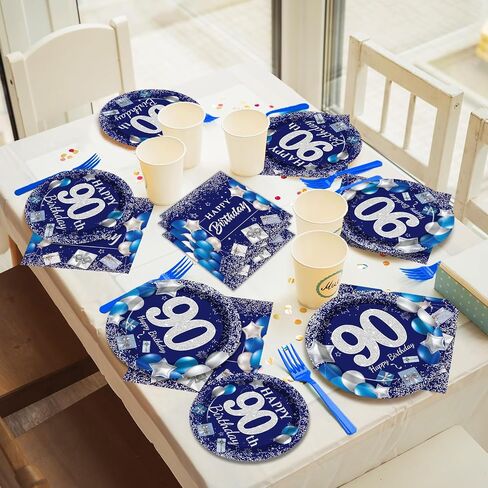 96 Pcs 20th Birthday Party Supplies Navy Blue and Silver Birthday Plates 20th Birthday Paper Tableware Happy Birthday Party Plates and Napkins Forks Blue Birthday Table Decorations for 24 Guests in Saudi Arabia