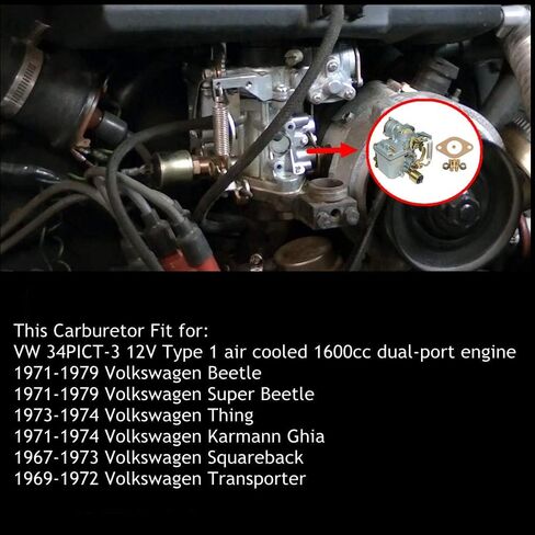 مكربن ​​Surwit 34PICT-3 لسيارة VW Beetle Super Beetle 1971-1979 محرك ثنائي المنفذ 1600cc 12 فولت مبرد بالهواء من النوع 1 شيء خنق أوتوماتيكي Karmann Ghia Squareback Transporter Part # 113129031K in Kuwait