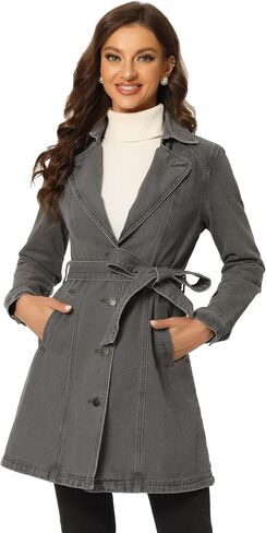 Allegra K Women's Jean Belted Notched Lapel Trench Long Denim Jacket in Saudi Arabia