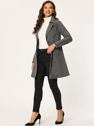 Allegra K Women's Jean Belted Notched Lapel Trench Long Denim Jacket in Saudi Arabia