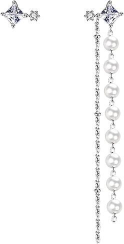 SLUYNZ 925 Sterling Silver Pearls Dangle Earrings Chain for Women Teen Girls Asymmetric CZ Studs Pearl Earrings Tassel in Saudi Arabia