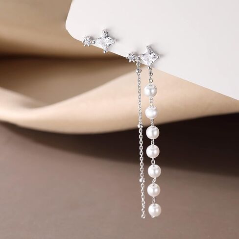 SLUYNZ 925 Sterling Silver Pearls Dangle Earrings Chain for Women Teen Girls Asymmetric CZ Studs Pearl Earrings Tassel in Saudi Arabia