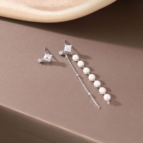 SLUYNZ 925 Sterling Silver Pearls Dangle Earrings Chain for Women Teen Girls Asymmetric CZ Studs Pearl Earrings Tassel in Saudi Arabia