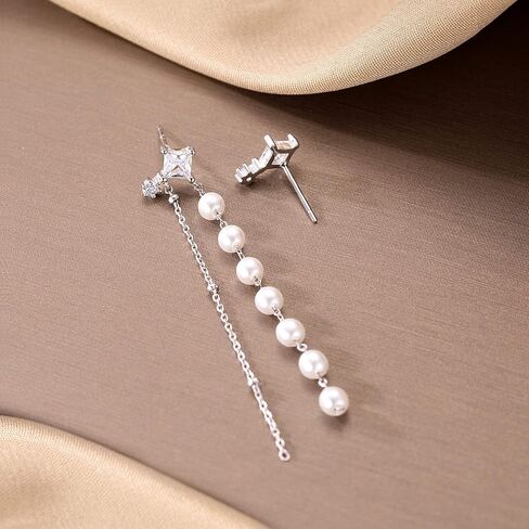 SLUYNZ 925 Sterling Silver Pearls Dangle Earrings Chain for Women Teen Girls Asymmetric CZ Studs Pearl Earrings Tassel in Saudi Arabia