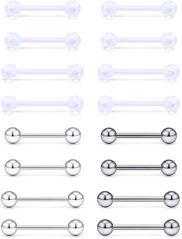 G23-تيتانيوم/بيوفلكس-بلاستيك/فولاذ جراحي 14G 14/16 مم حلقات الحلمة/اللسان مجموعة مجوهرات ثقب الجسم للنساء والرجال، لا تسبب الحساسية ومجوهرات ثقب الجسم بخيوط خارجية in Kuwait