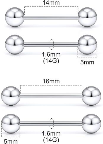 G23-تيتانيوم/بيوفلكس-بلاستيك/فولاذ جراحي 14G 14/16 مم حلقات الحلمة/اللسان مجموعة مجوهرات ثقب الجسم للنساء والرجال، لا تسبب الحساسية ومجوهرات ثقب الجسم بخيوط خارجية in Kuwait