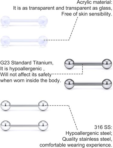 G23-تيتانيوم/بيوفلكس-بلاستيك/فولاذ جراحي 14G 14/16 مم حلقات الحلمة/اللسان مجموعة مجوهرات ثقب الجسم للنساء والرجال، لا تسبب الحساسية ومجوهرات ثقب الجسم بخيوط خارجية in Kuwait