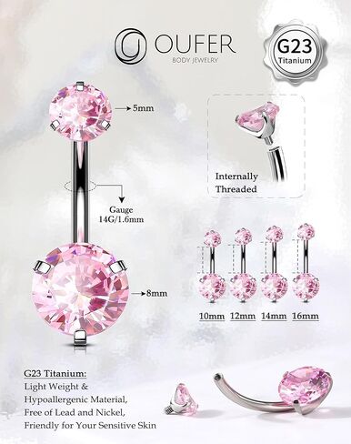 OUFER Titanium Belly Button Rings, Pink Belly Rings for Women, Cute Navel Piercing jewelry, 14G Long Belly Piercing Jewelry Internal Thread in Saudi Arabia