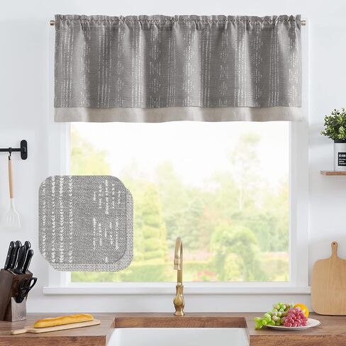 COLLACT Boho Valance Curtain Room Darkening Double Layer Kitchen Valance for Windows Living Room 18 Inch Grey Geometric Stripe Print Window Valance Farmhouse Overlay Valance Rod Pocket 1 Panel Grey in Saudi Arabia