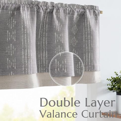 COLLACT Boho Valance Curtain Room Darkening Double Layer Kitchen Valance for Windows Living Room 18 Inch Grey Geometric Stripe Print Window Valance Farmhouse Overlay Valance Rod Pocket 1 Panel Grey in Saudi Arabia