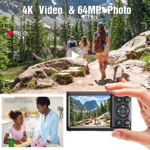 كاميرا رقمية وردية، كاميرات رقمية للتوجيه والتقاط، كاميرا تسجيل فيديو مدمجة بدقة 4K للمبتدئين، 64 ميجابكسل 18X تركيز تلقائي للتكبير الرقمي 16 جيجابايت متضمنة in Kuwait
