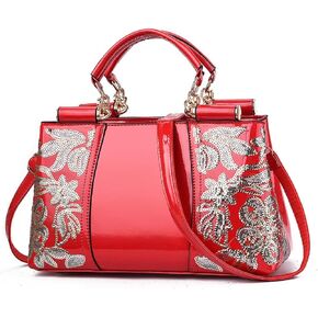 XingChen Shiny Patent Women PU Leather Handbags Embroidery Shoulder Bags Fashion Satchel Purses Top Handle Bags