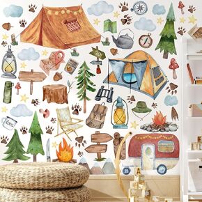2 Pcs Camper Kids Room Wall Decals Stickers Peel and Stick Tent Camper Decals Sticker Outdoor Camping Stickers RV Camping Decor for Boys Girls Nursery Bedroom Home Classroom Decorations