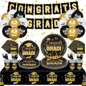 Graduation Party Plates Napkins Class of 2024 Graduation Party Supplies Black Gold Disposable Dinnerware Tableware Cup Tablecloth Congrats Grad Banner Balloons Decorations for Prom 2024 Party Serve 24