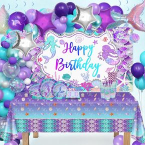 Avezano 325 PCS Mermaid Birthday Party Supplies Includes Disposable Paper Plates, Cups, Napkins, Tablecloth, Banner & Mermaid Balloon Arch Kit for Girls Women Mermaid Party Decorations, Serves 25