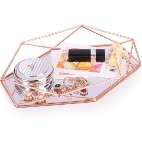 Decorative Mirror Tray Jewelry Cosmetic Makeup Organizer Storage Ornate Tray Hexagonal Decorative Desktop Tray for Jewelry Perfume (Rose Gold)
