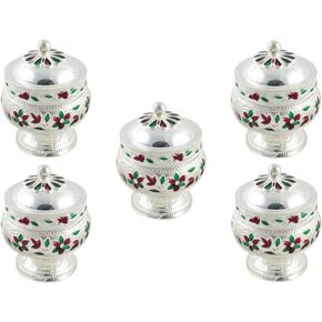 GoldGiftIdeas Silver Plated Sindoor Dabbi With Lid, Pooja Items for Home, Ideal Wedding and Housewarming Return Gift with Designer Potli Bags (Pack of 5)