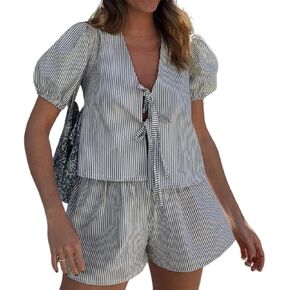 Yuemengxuan Women Y2k Two Piece Plaid Lounge Sets Puff Sleeve Tie front Blouse Top High Waist Shorts Casual Pajamas Sets