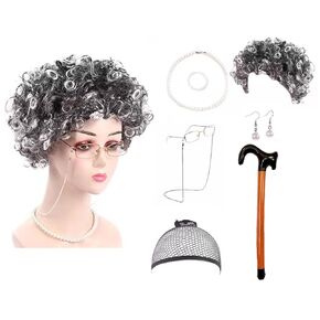 Old Lady Costume Wig Set for 100 Days of School Old Women Grandma Cosplay Accessories Granny Costume (white)